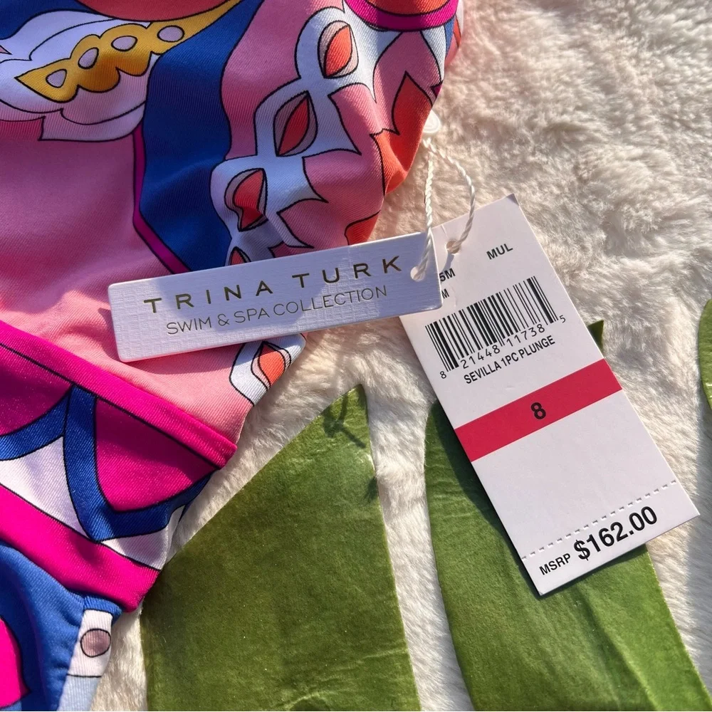 Trina Turk Sevilla Plunge One-Piece Swimsuit Pink Size 8 - Picture 8 of 9